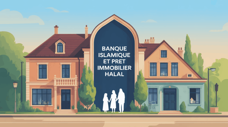Illustration banque islamique, prêt immobilier halal, famille musulmane