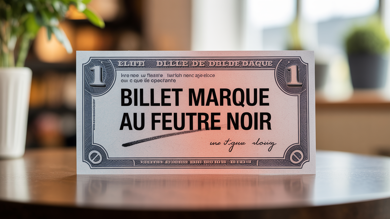 Billet marqué au feutre noir posé sur table, grande trace noire visible
