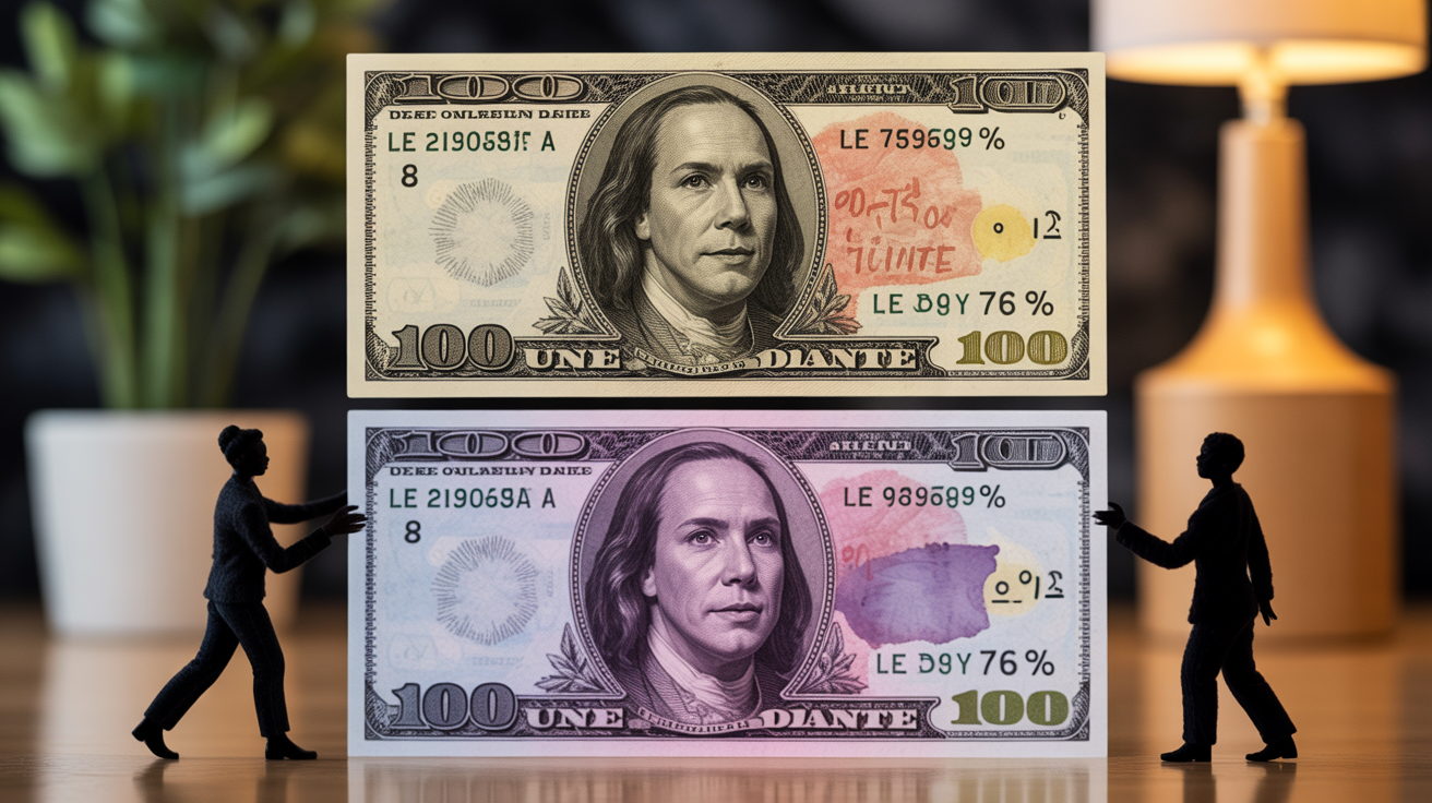 Infographie deux billets, un marqué au feutre noir, un avec une tache violette