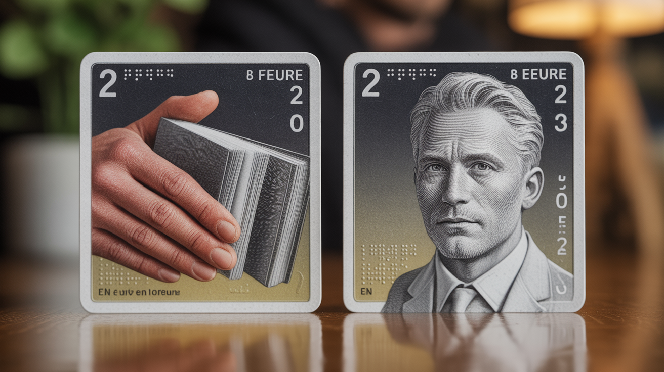detail pieces 2 euros Louis Braille main livre portrait