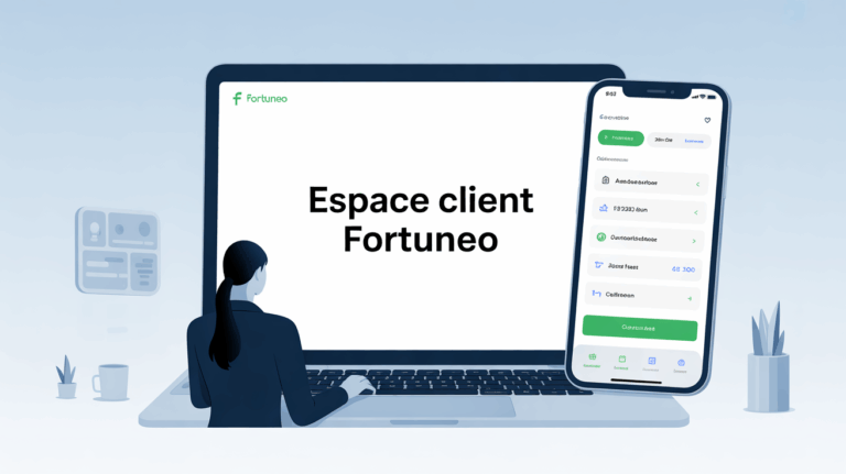 Espace client Fortuneo sur ordinateur et mobile, interface bancaire moderne et sécurisée