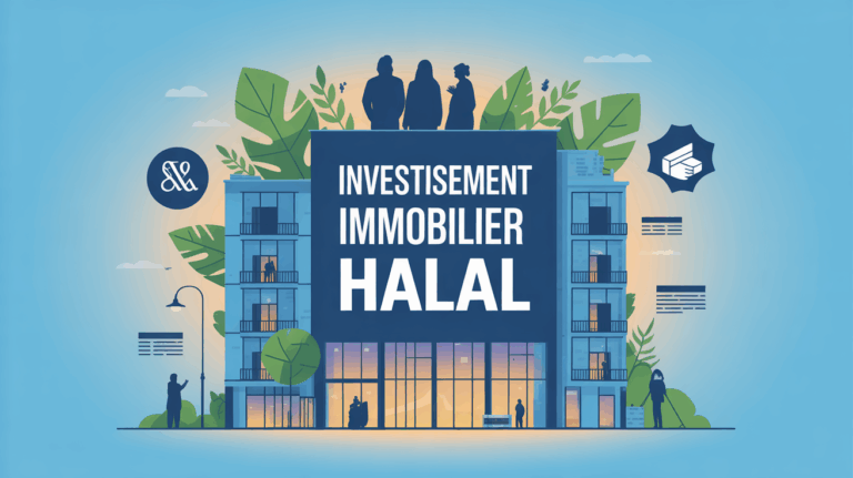 Illustration immeuble moderne et familles pour investissement immobilier halal