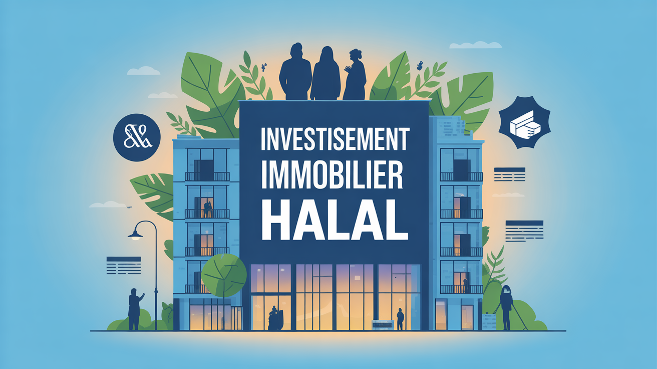 Illustration immeuble moderne et familles pour investissement immobilier halal