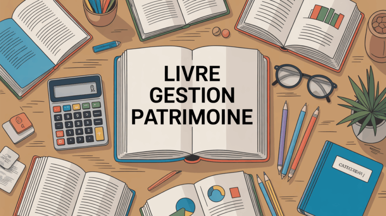 Vue d ensemble livres gestion patrimoine sur table avec outils