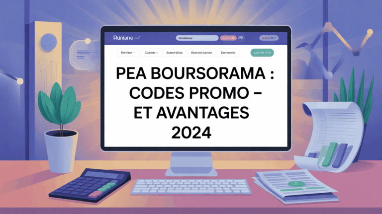 Illustration écran site bancaire avec titre PEA Boursorama codes promo 2024
