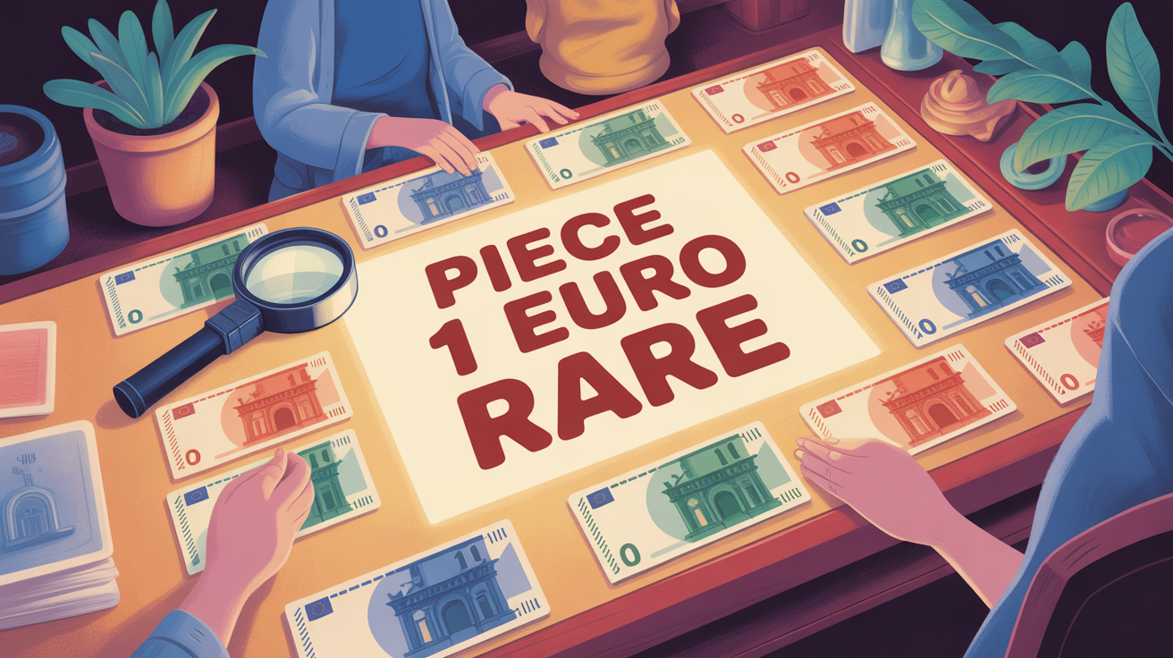 table avec pièces 1 euro rares collection et loupe