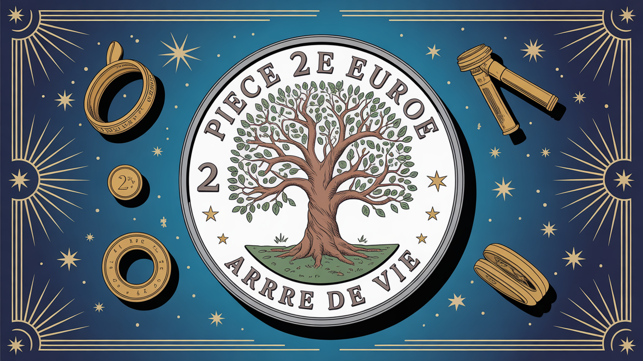 piece 2 euros arbre de vie sur fond bleu or accessoires