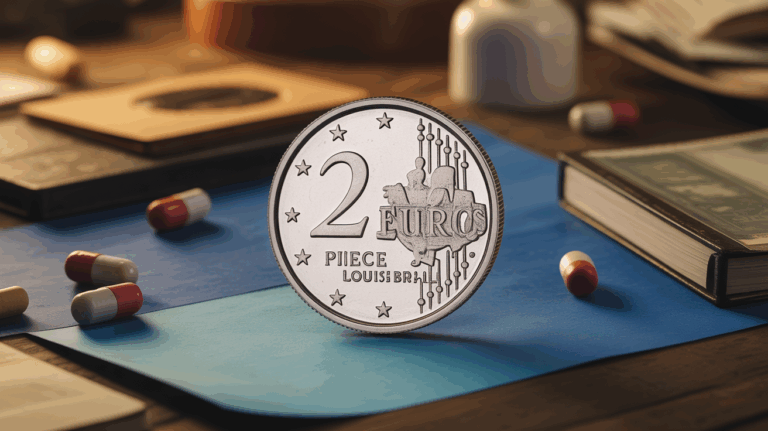 piece 2 euros Louis Braille sur fond bleu avec accessoires