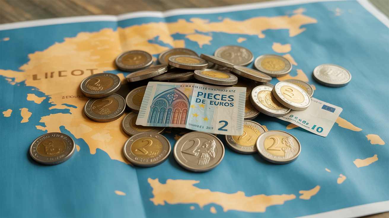 Pile de pieces grecques de 2 euros sur fond bleu carte Grece