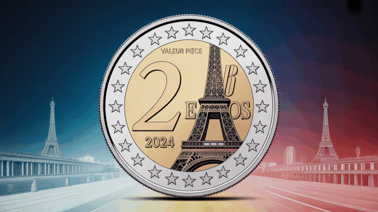 Gros plan pièce 2 euros JO 2024 sportive