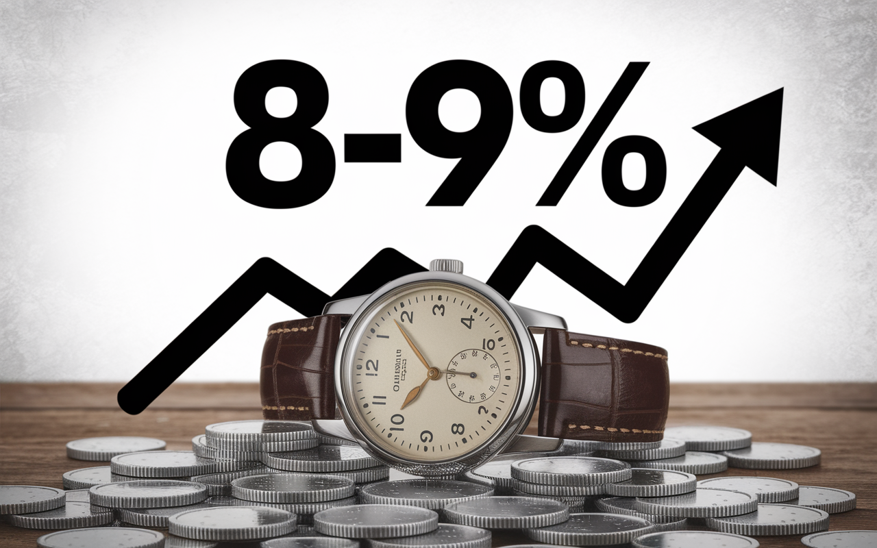 Vieilles actions, montre, courbe boursiere, chiffre 8-9 pourcent