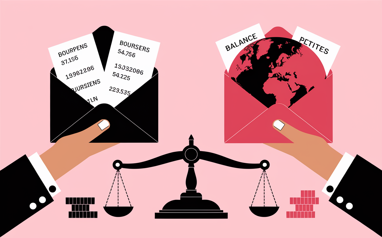 Deux mains tiennent enveloppes graphiques compte titre PEA balance 2025