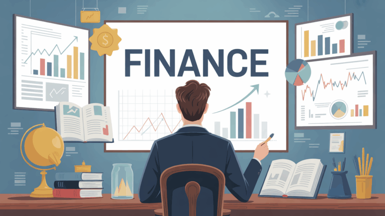 Professeur devant graphiques finance livres titre