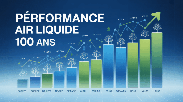 Graphique performance Air Liquide 100 ans, courbe ascendante et arbres genealogiques
