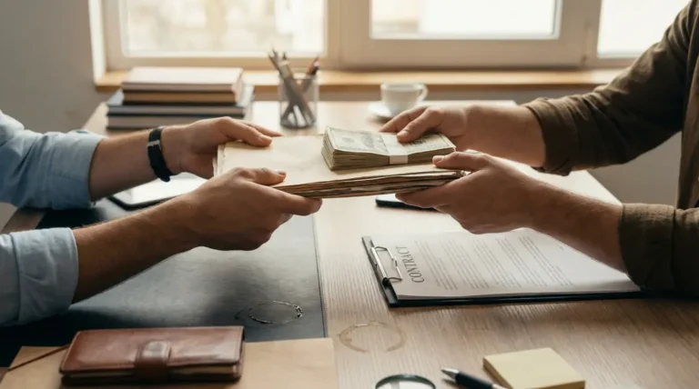 Deux mains échangent contrat et argent, symbole acompte ou arrhes