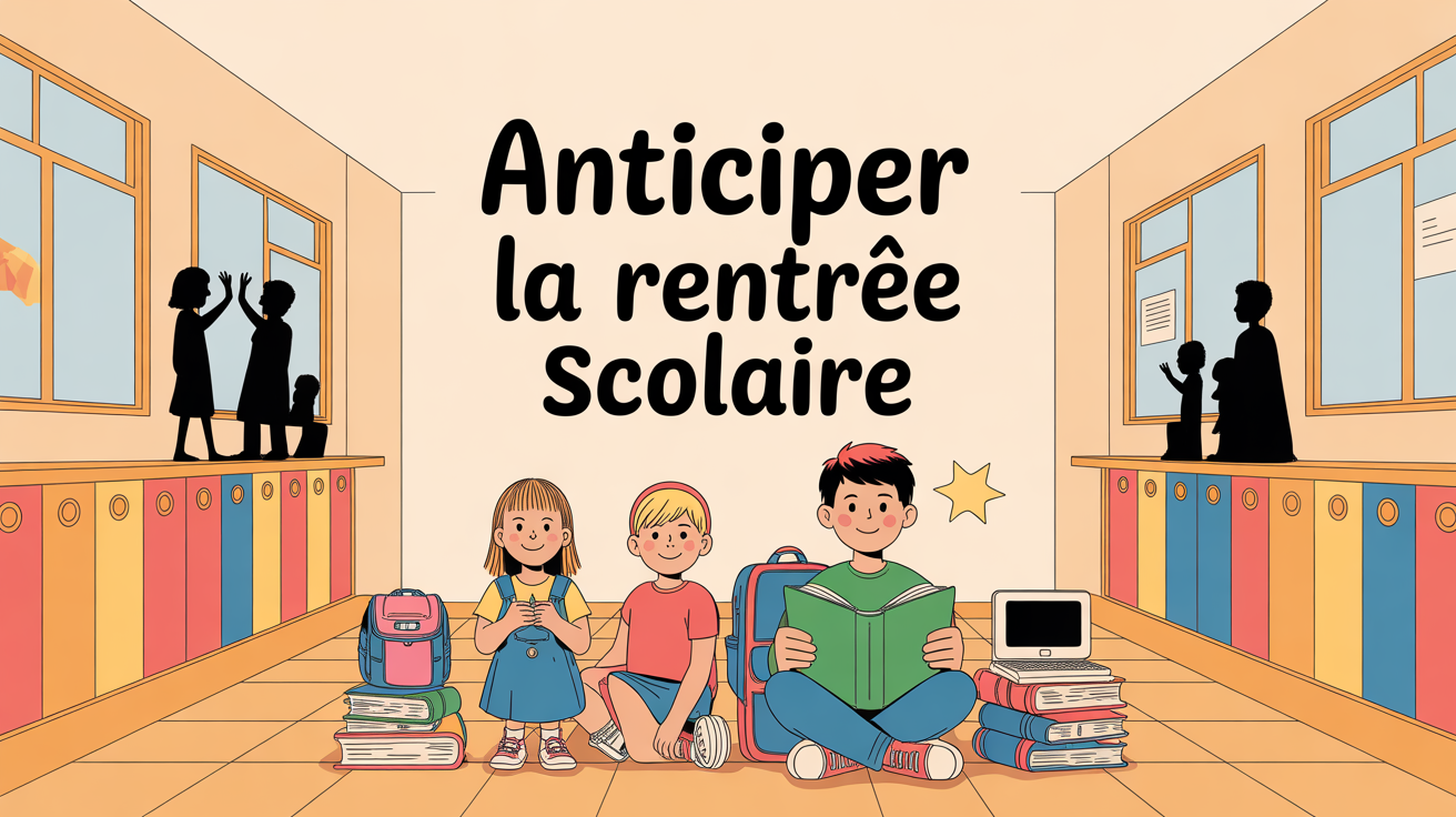 Illustration famille rentrée scolaire fournitures panneaux ordinateur