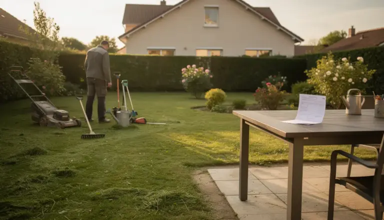 Prestation jardinage crédit d'impôt, facture sur table, pelouse entretenue