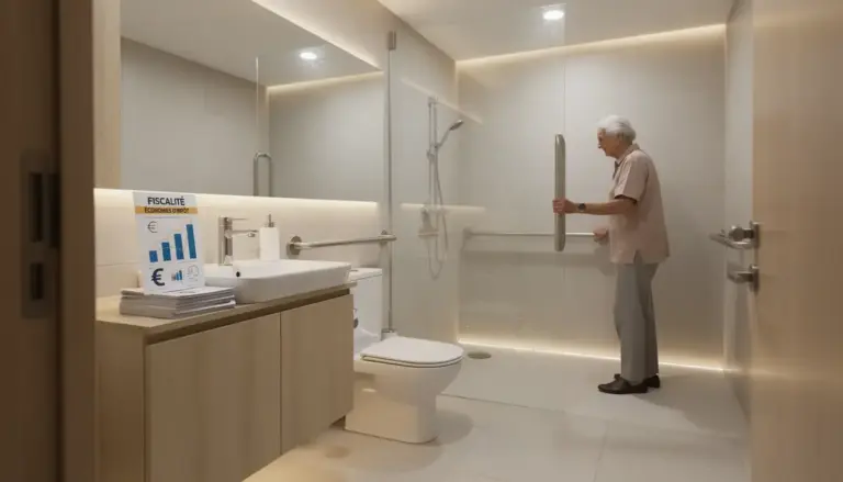 Salle de bain moderne sécurisée avec équipements seniors, symboles fiscaux