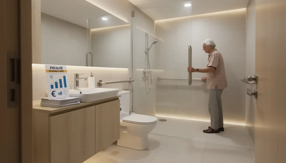 Salle de bain moderne sécurisée avec équipements seniors, symboles fiscaux