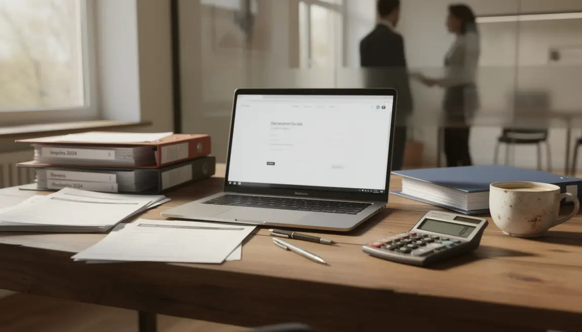 Déclaration crédit d'impôt en ligne, bureau moderne, ordinateur, dossiers
