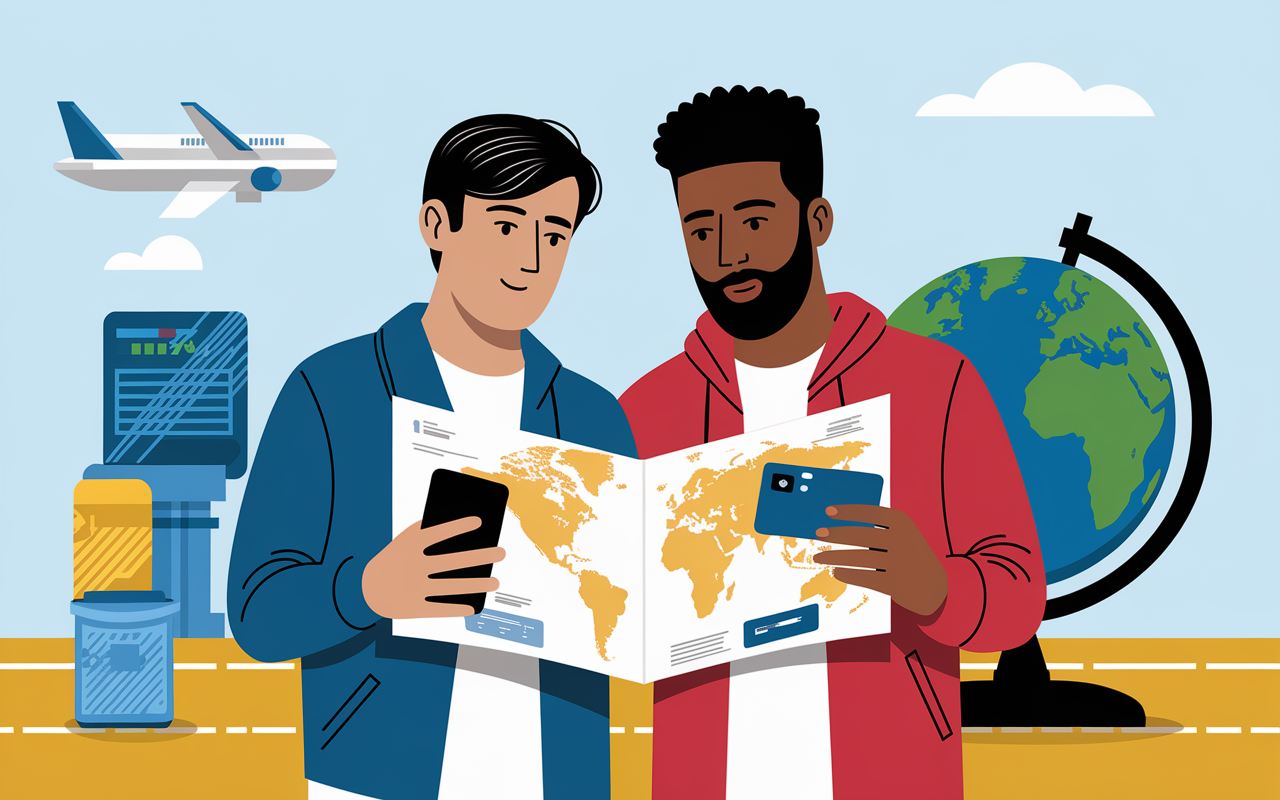 Jeunes consultent banque Globe Trotter carte internationale