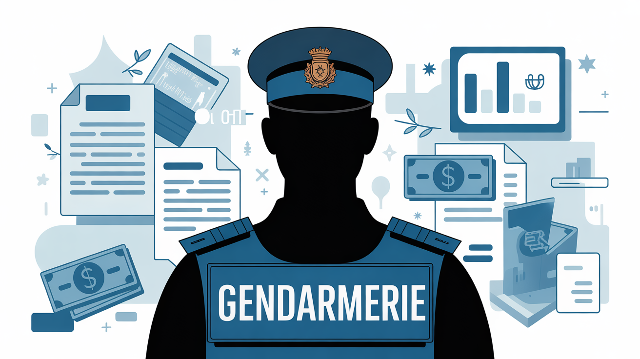 grille indiciaire sous-officier gendarmerie 2025, silhouette gendarme, symboles revenus