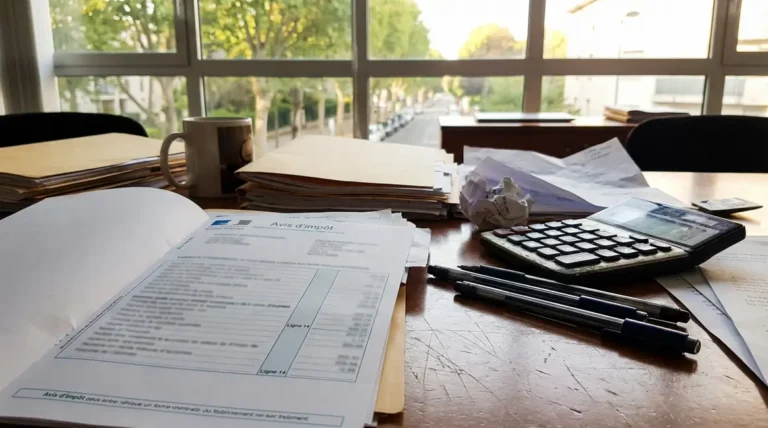 Scène bureau, avis d'imposition ligne 14, calcul impôt