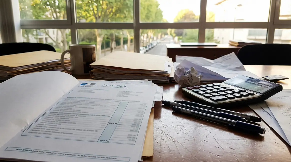 Scène bureau, avis d'imposition ligne 14, calcul impôt