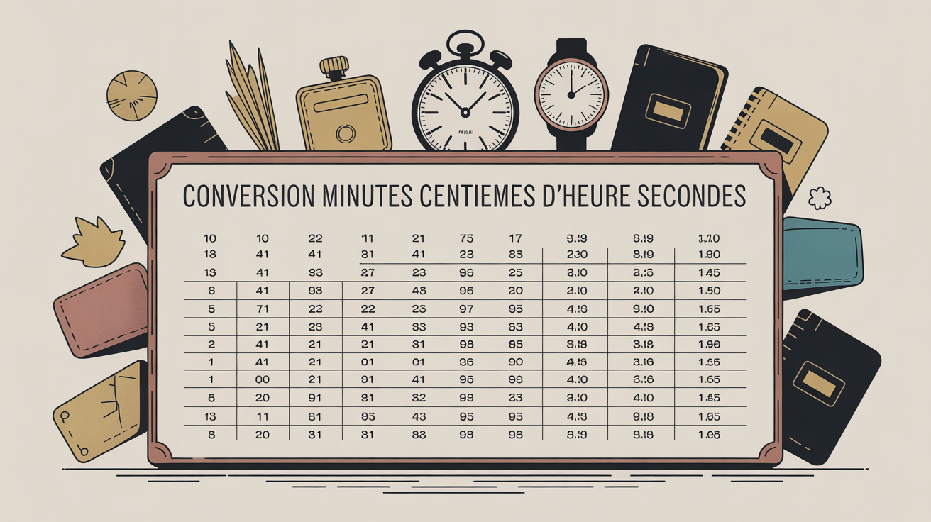 Grande table de conversion minutes centièmes d'heure et secondes, ambiance claire