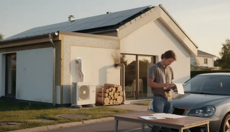 Maison moderne avec panneaux solaires pompe à chaleur isolation chauffage bois documents administratifs