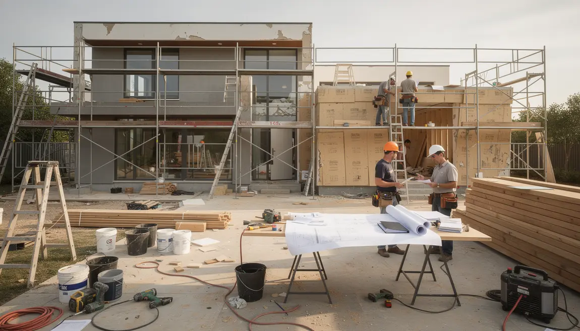 maison moderne en renovation et documents financiers