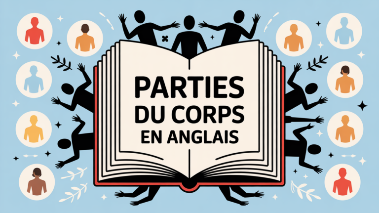 Livre ouvert stylisé avec pictogrammes partie du corps en anglais