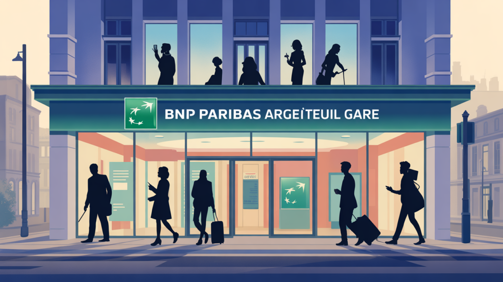 Façade stylisée de bnp paribas argenteuil gare, centre-ville, silhouettes urbaines