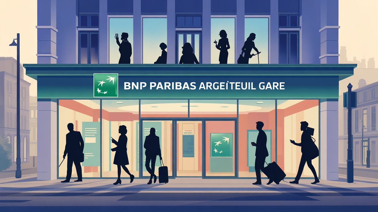 Façade stylisée de bnp paribas argenteuil gare, centre-ville, silhouettes urbaines