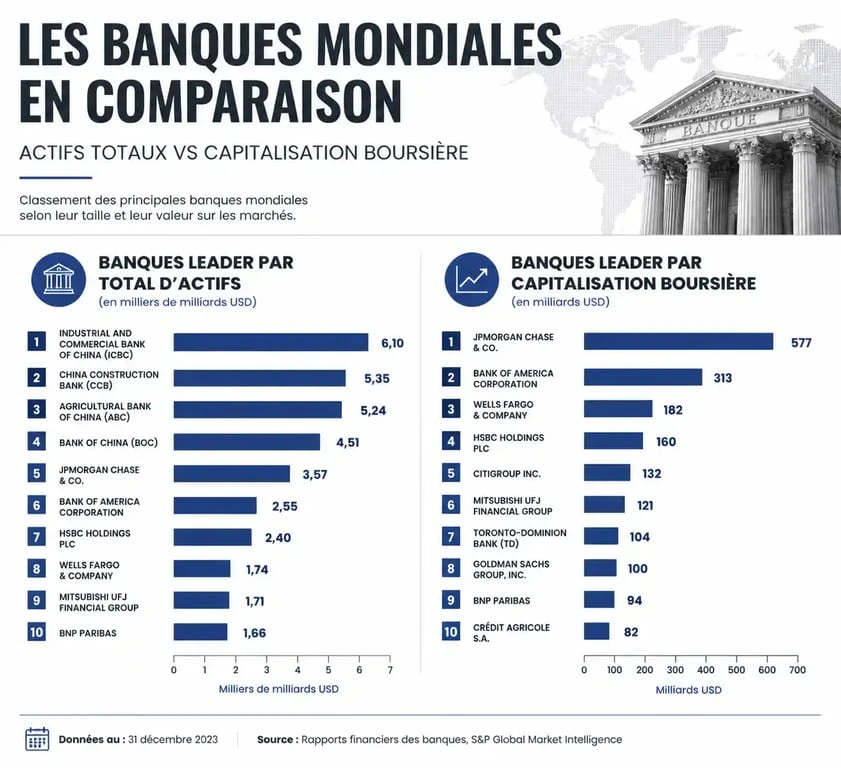 Infographie comparative du classement des banques mondiales par actifs et capitalisation boursière