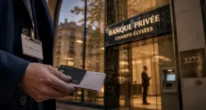 bnp paribas champs elysées : main avec carte devant l’agence
