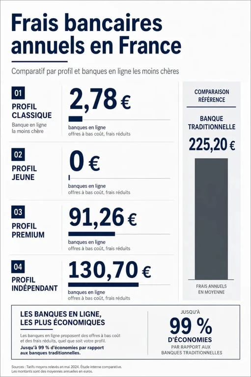 La banque le moins cher : infographie comparative des frais bancaires annuels par profil