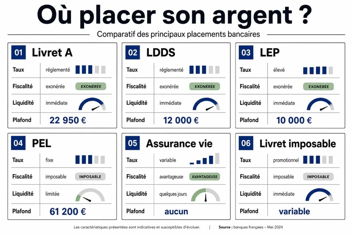Comparaison visuelle pour meilleur banque pour placer son argent selon le taux, la fiscalité, la liquidité et le plafond