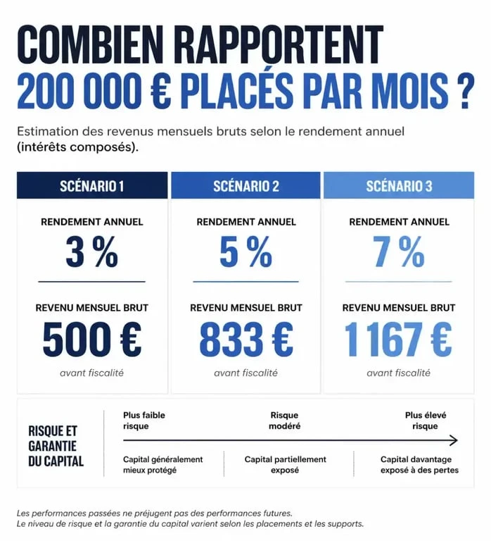 Infographie montrant combien rapporte 200 000 euros placés par mois selon un rendement de 3 %, 5 % ou 7 %
