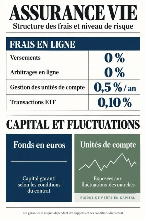 Infographie sur les frais et les risques de l'assurance vie Linxea Spirit 2