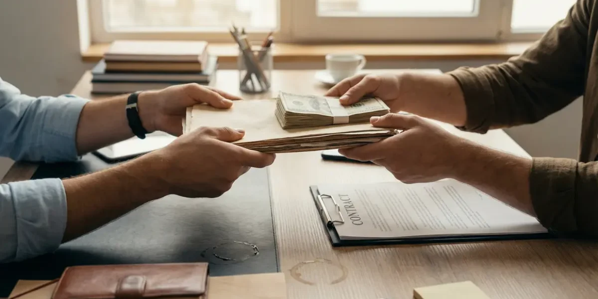 Deux mains échangent contrat et argent, symbole acompte ou arrhes