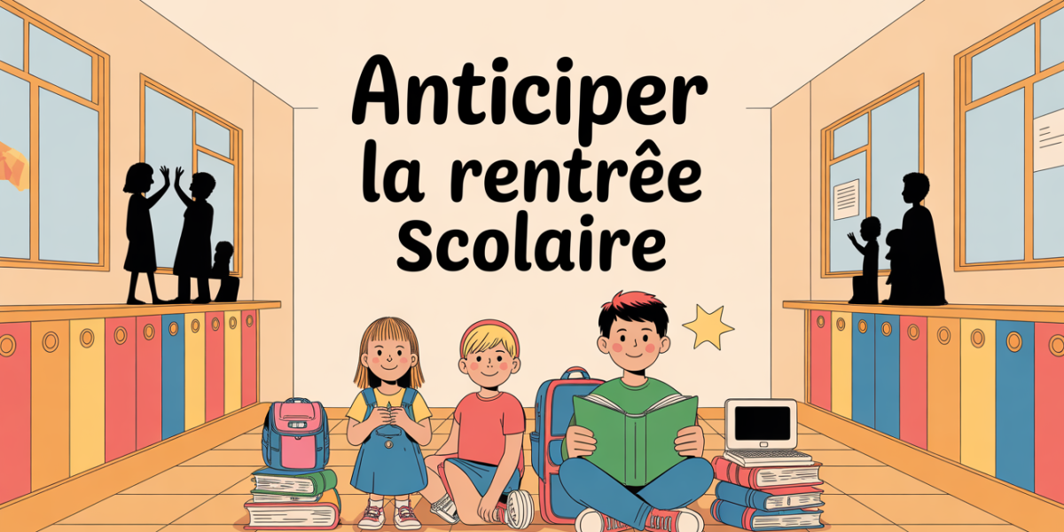 Illustration famille rentrée scolaire fournitures panneaux ordinateur