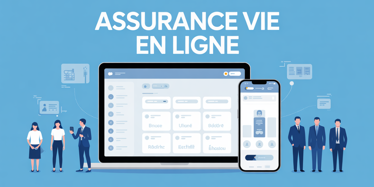 interface gestion assurance vie en ligne ordinateur smartphone silhouettes