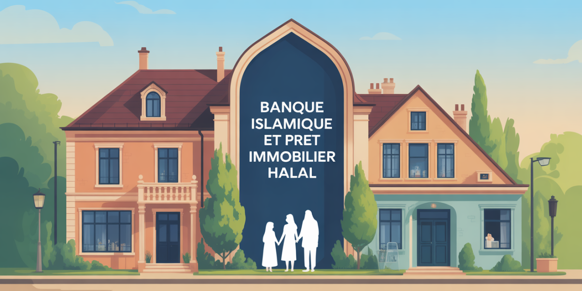 Illustration banque islamique, prêt immobilier halal, famille musulmane