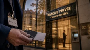 bnp paribas champs elysées : main avec carte devant l’agence