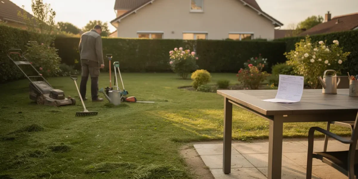 Prestation jardinage crédit d'impôt, facture sur table, pelouse entretenue