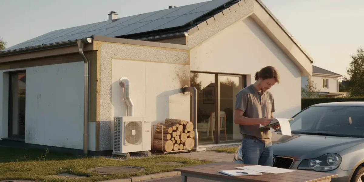 Maison moderne avec panneaux solaires pompe à chaleur isolation chauffage bois documents administratifs