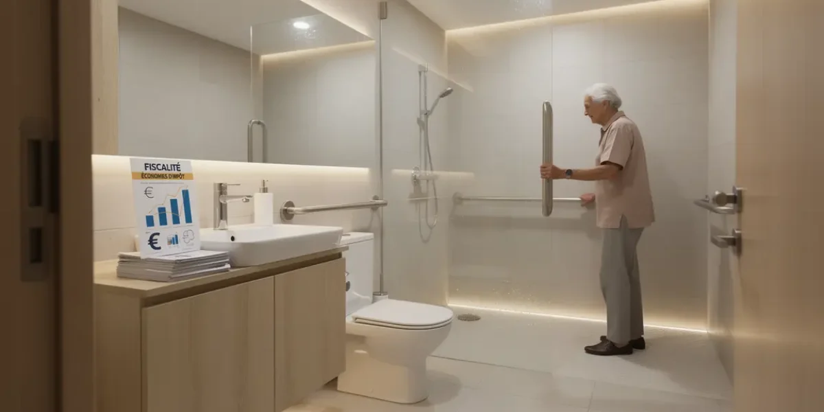 Salle de bain moderne sécurisée avec équipements seniors, symboles fiscaux