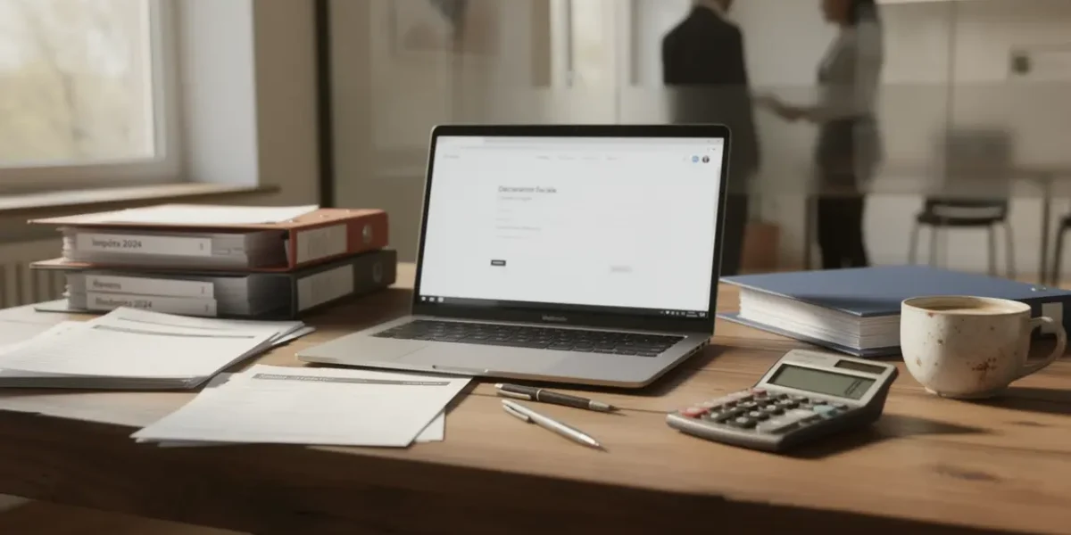 Déclaration crédit d'impôt en ligne, bureau moderne, ordinateur, dossiers