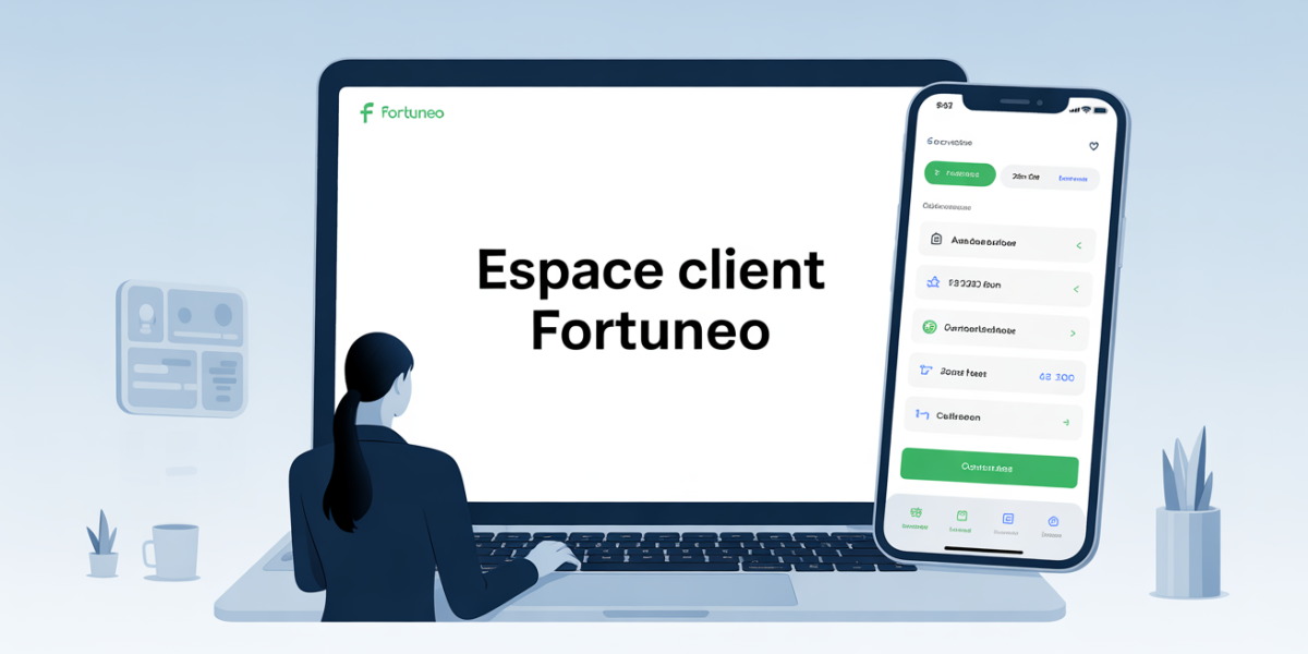 Espace client Fortuneo sur ordinateur et mobile, interface bancaire moderne et sécurisée